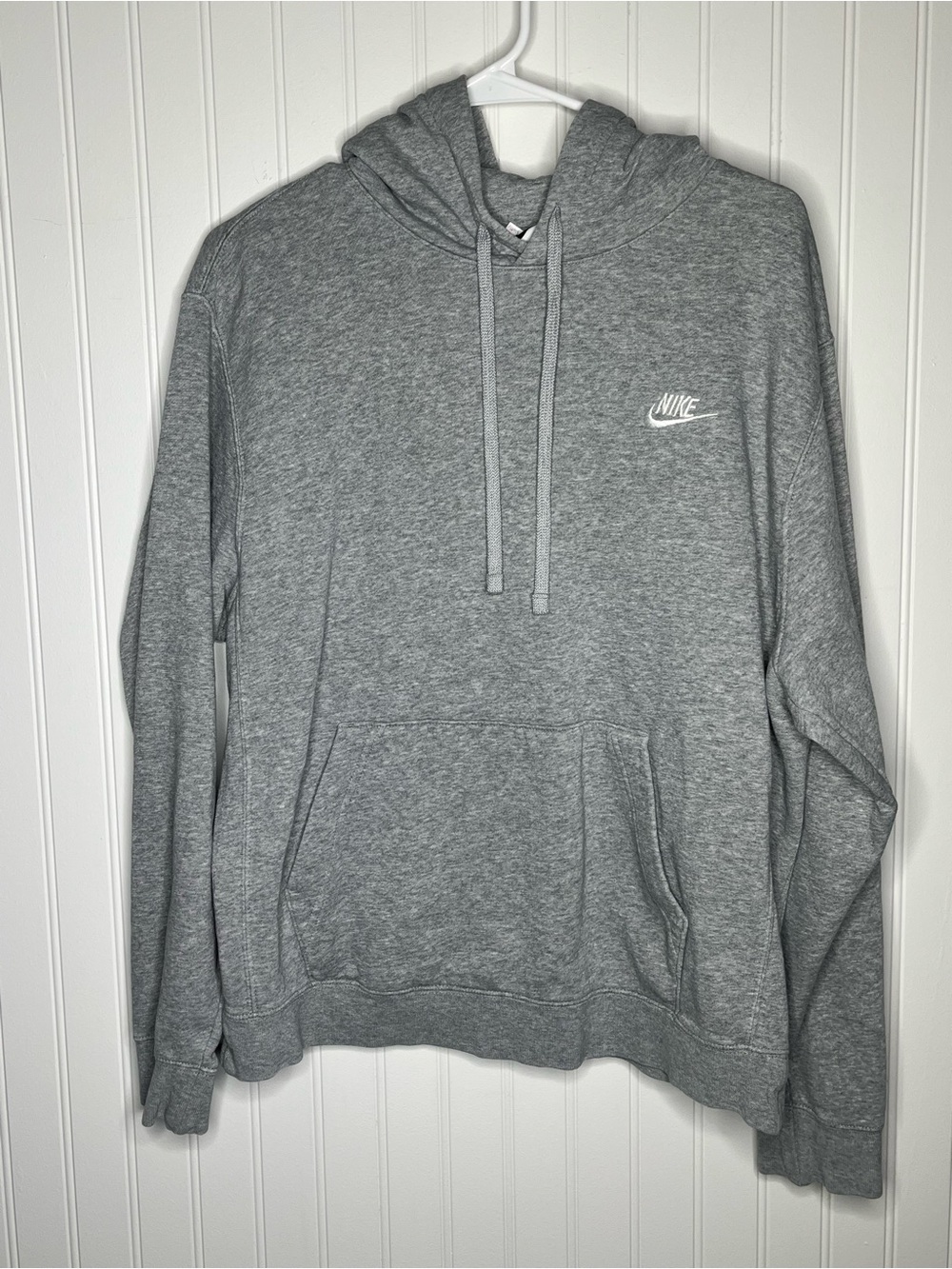 Men’s Nike Gray Pullover Hoodie White Swoosh Sweatshirt Oversized Embroidered